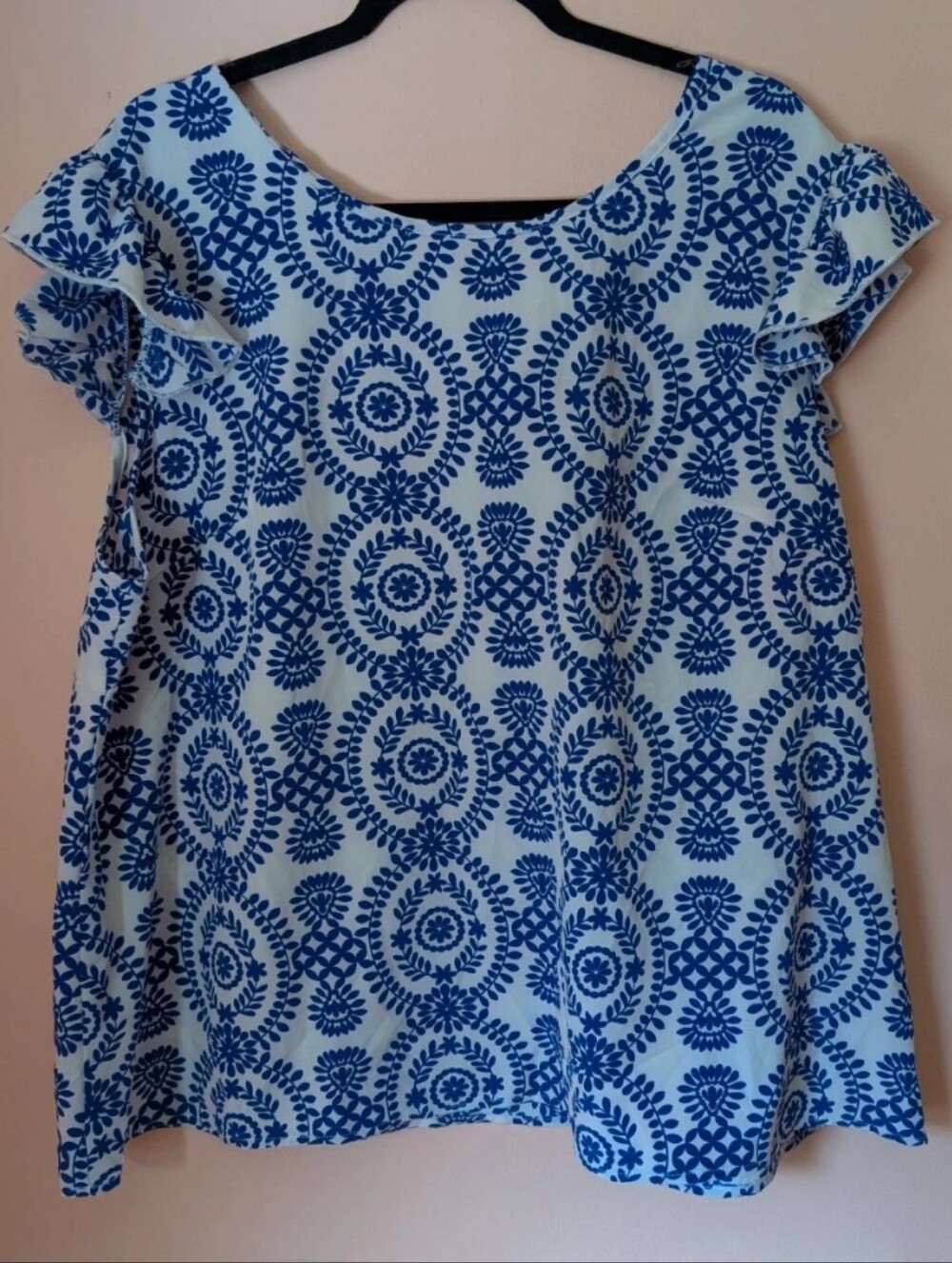 SHEIN Blue and White Printed Ruffle Sleeve Tunic Top